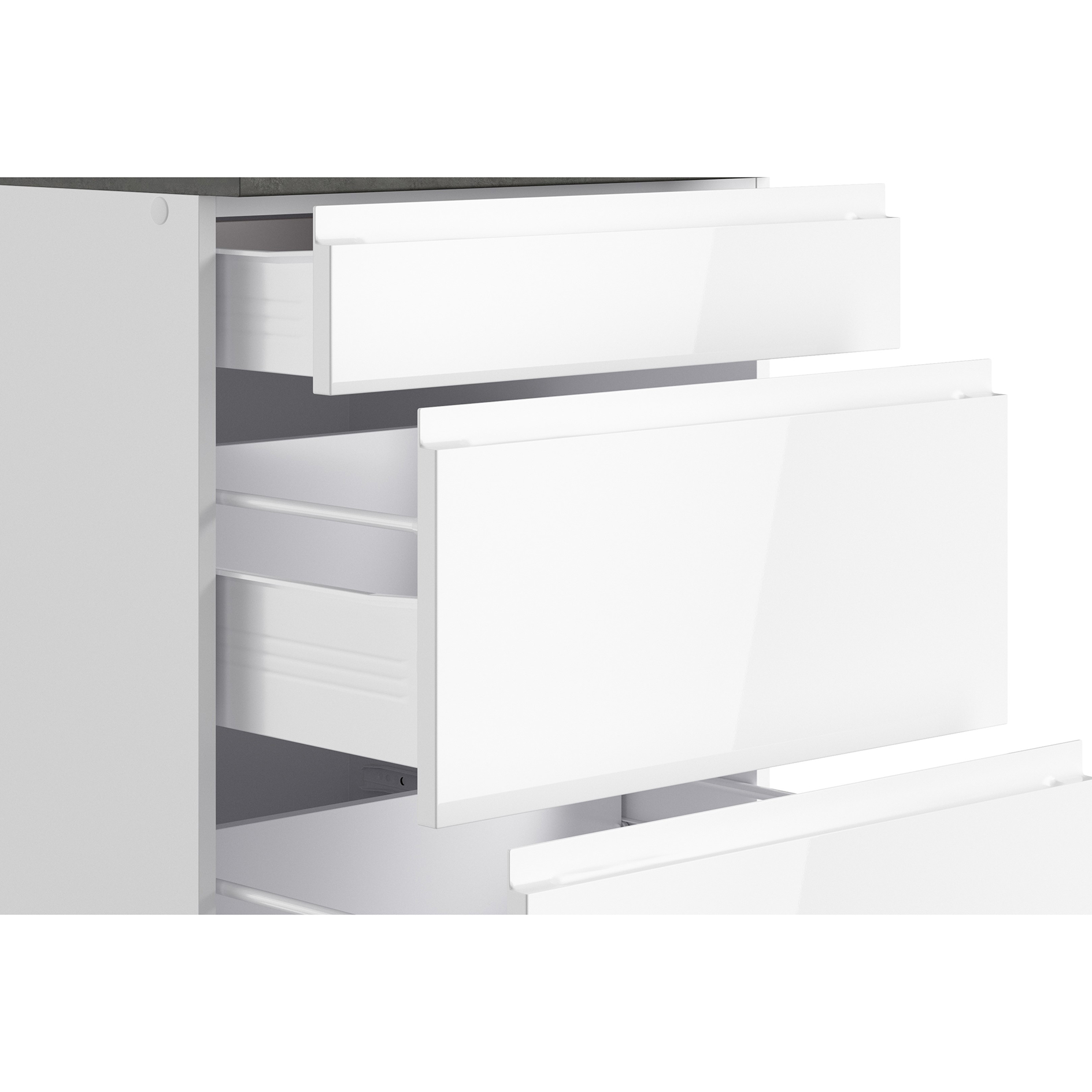 Küchenblock MONZA - weiß Hochglanz - Beton-Optik - mit E-Geräten - Glaskeramikkochfeld - 360 cm