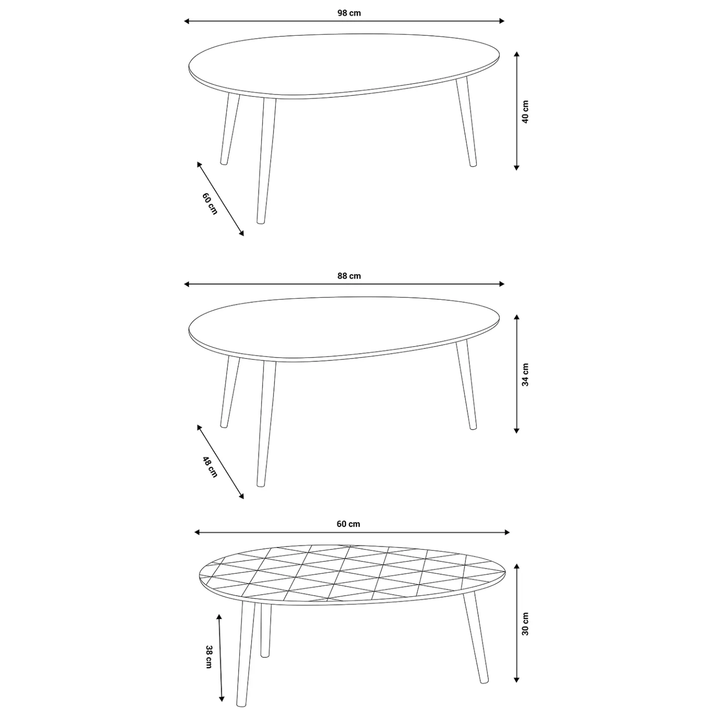 Lot de 3 tables basses gigognes GIGI laquées blanc / gris / motifs graphiques