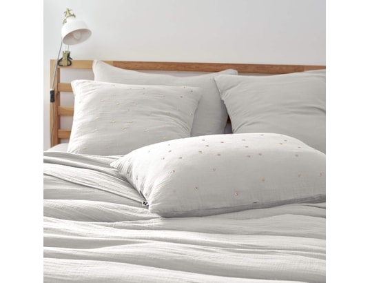 TERRE DE NUIT - Taie d'oreiller à pois brodés double gaze de coton gris 60 x...