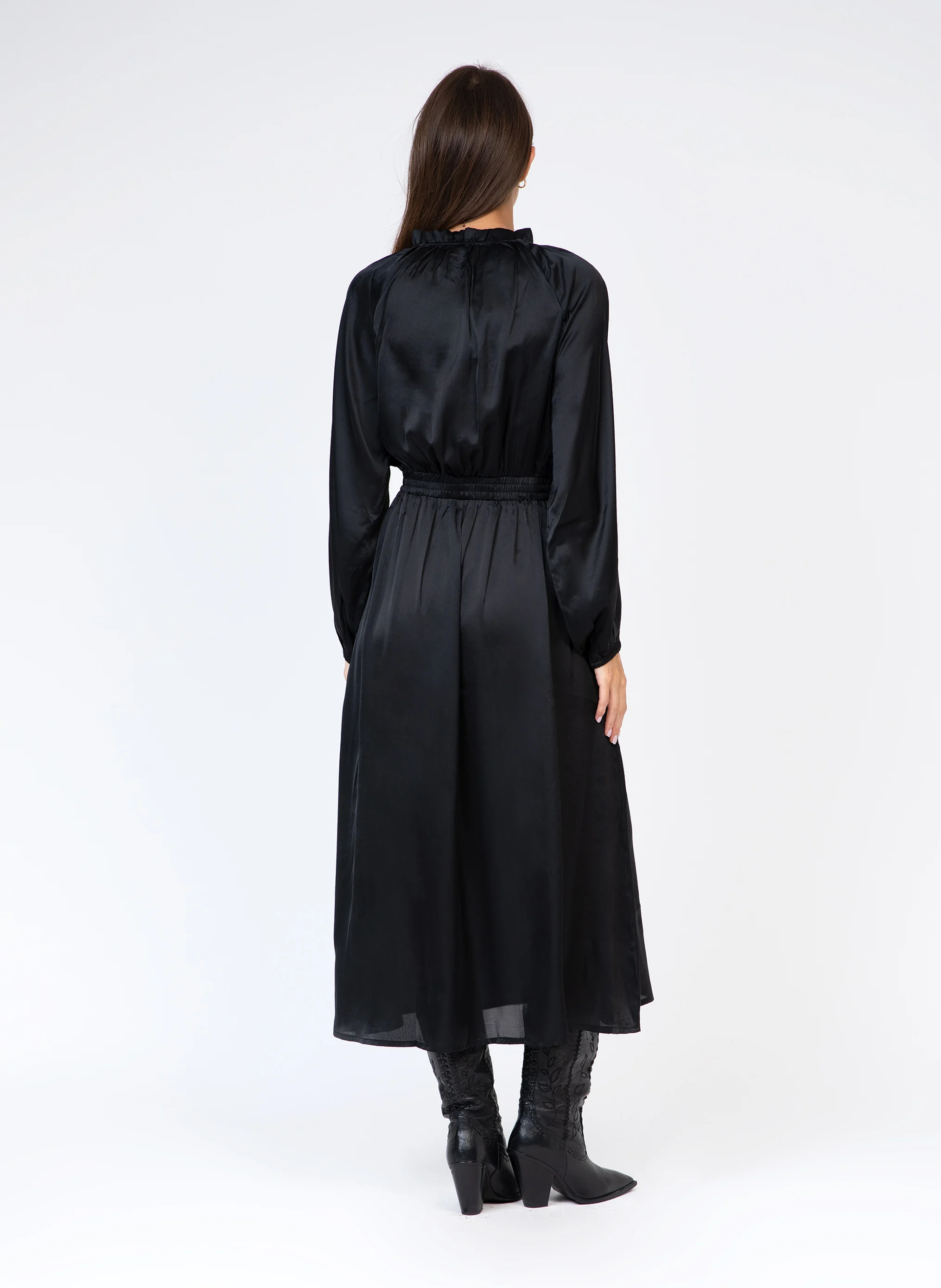 OXENCE - Robe midi col noué | Noir