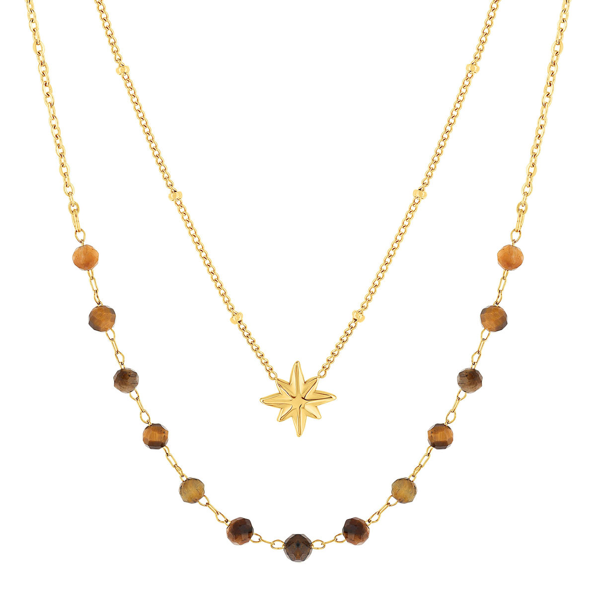 Collier acier doré 2 rangs étoile et pierres oeil de tigre 47 cm