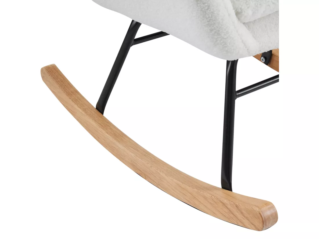 Fauteuil à bascule en tissu bouclette - structure en métal - pieds en bois massif - Blanc