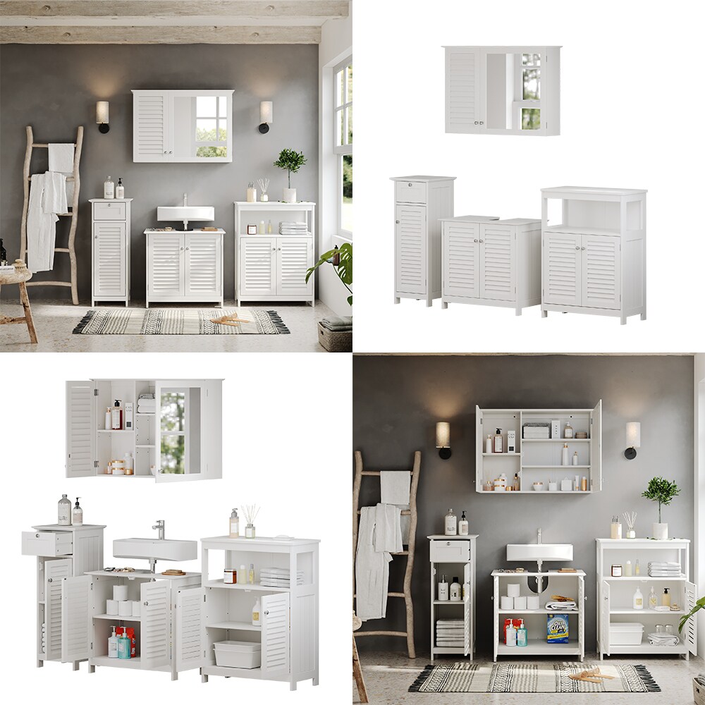Vicco Badmöbel-Set Riad, Weiß, Badezimmer, moderne Badserie, Lamellen-Front, Waschtischunterschrank, Spiegelschrank, Midischrank, Sideboard