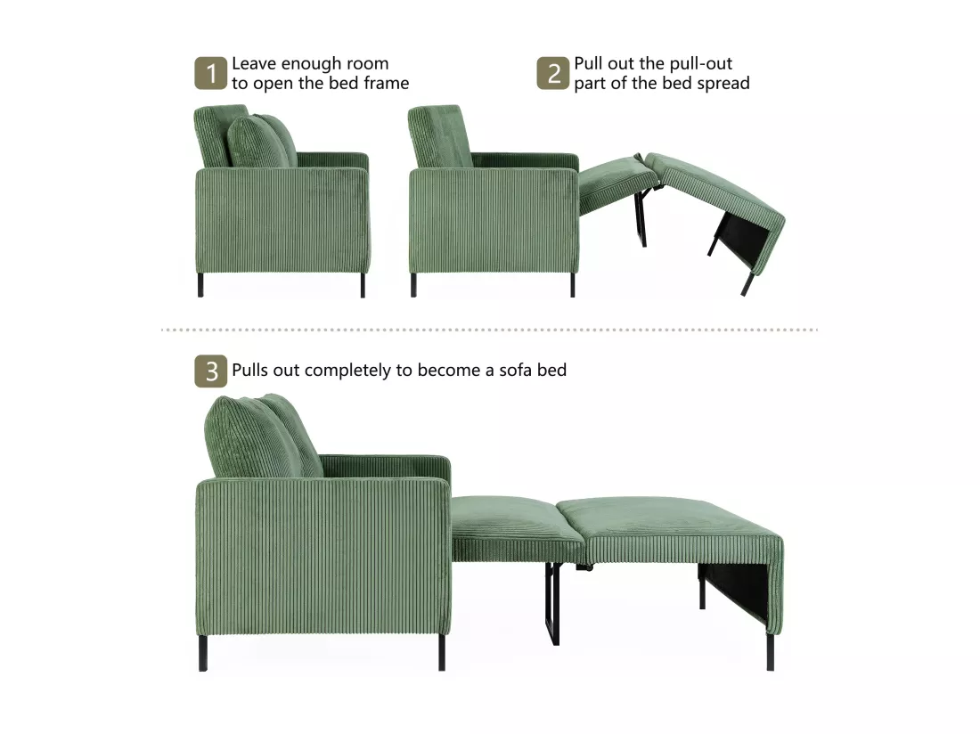 Canape 2 places convertible clic-clac, en Velours côtelé vert, Couchage 170 cm, Matelas 10 cm, pour Studio/Salon/Chambre