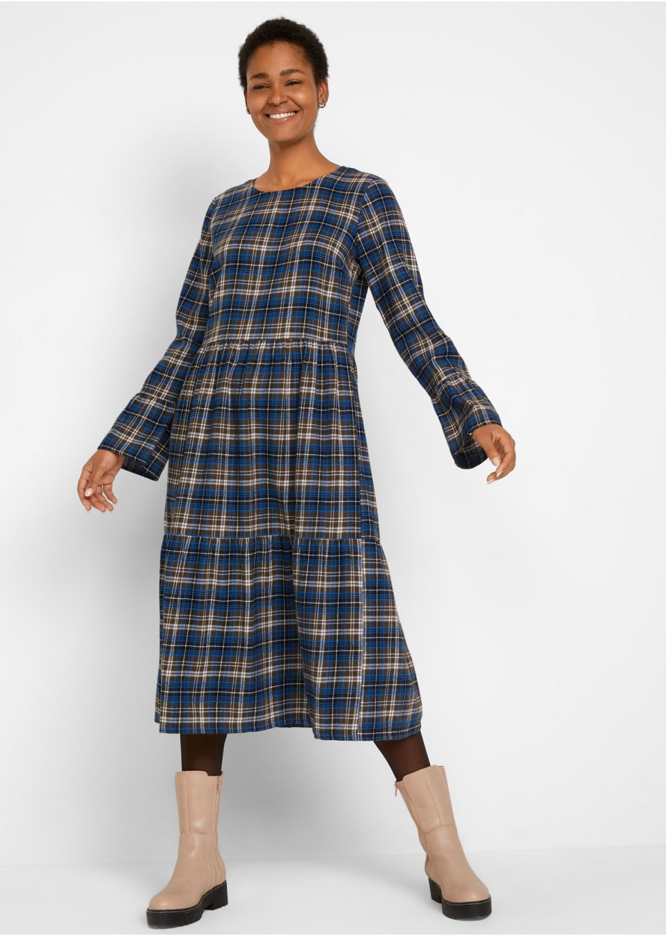 Robe midi évasée en flanelle avec volants