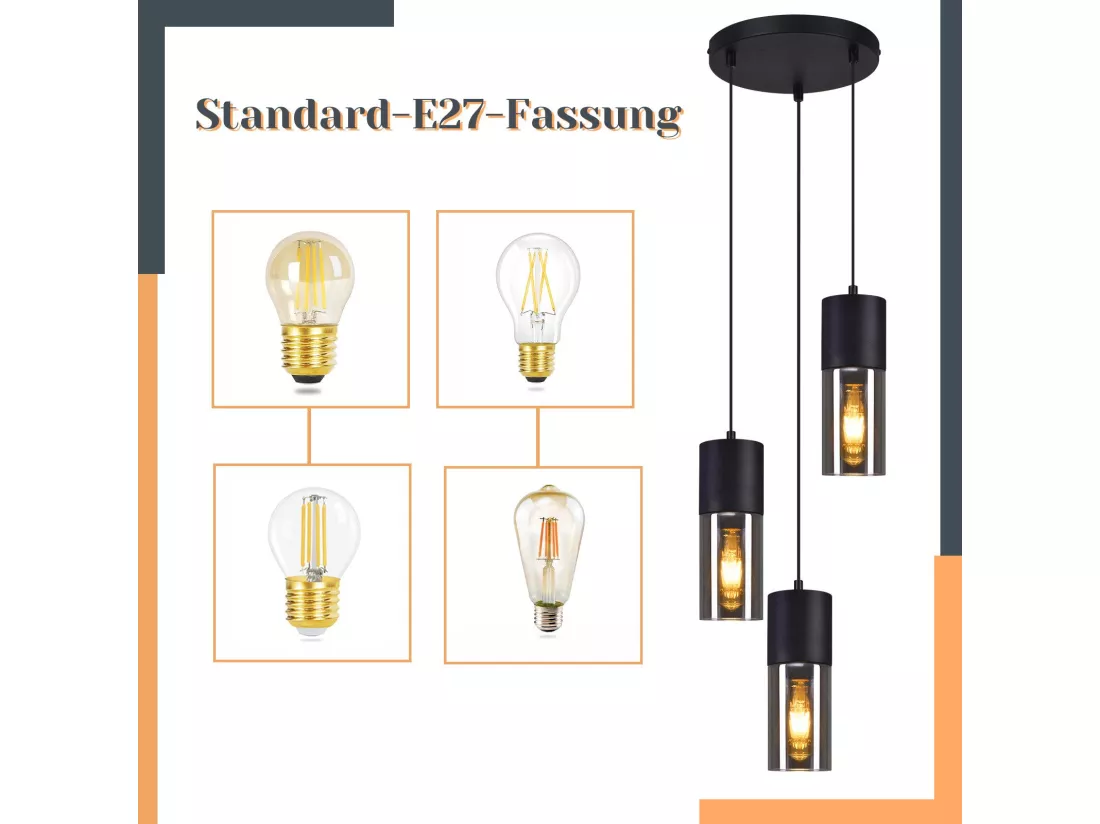 NETTLIFE Suspension 3 ampoules suspension verre E27 LED suspension ronde noire