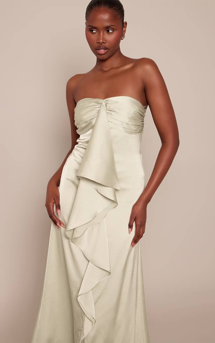 Vert Sauge Robe Longue Drapée En Satin À Détail Bustier
