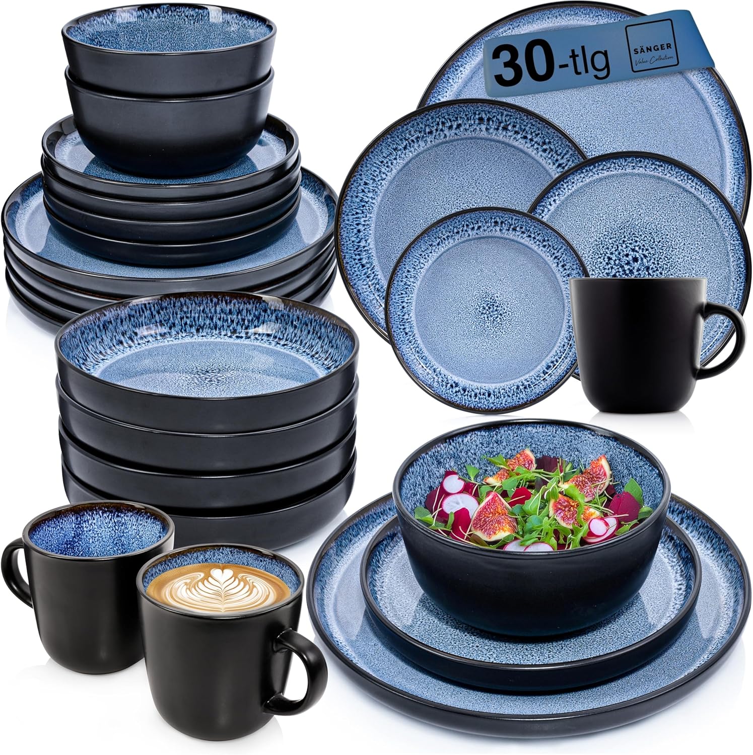 SÄNGER Aruba | Kombiservice 6 Personen, Teller Set Kaffeebecher Pastaschale 30 tlg, Steingut Geschirr Set spülmaschinen- mikrowellen- kratzfest, Geschirrset blau mit schwarzem Rand | VALUE COLLECTION