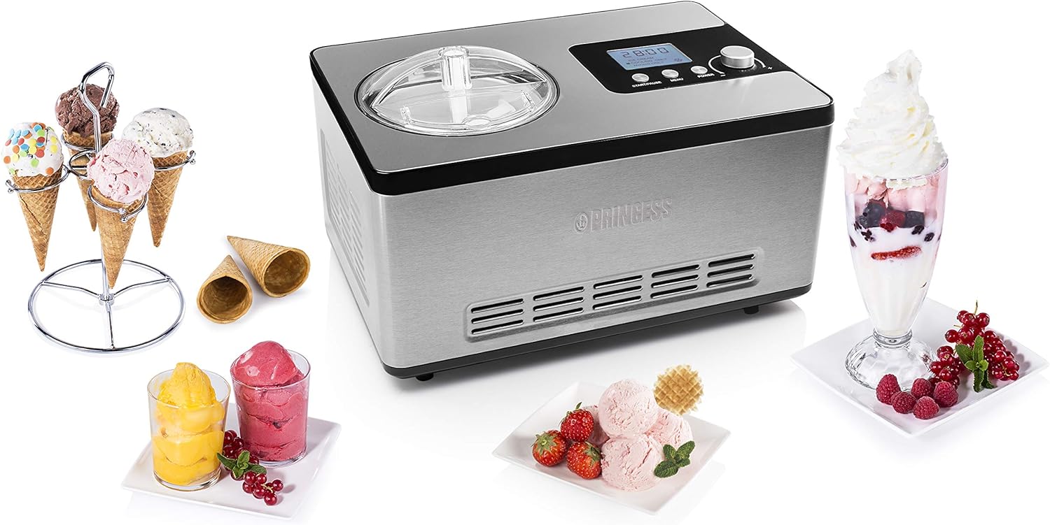 Princess Deluxe Eismachine mit 3 Leistungsstufen und eingebautem Kühlkompressor, 2 L Kapazität, professionelle Edelstahl Eismaschine, Eiscreme, Frozen Joghurt, Sorbets und Granita, 180 W, 282604