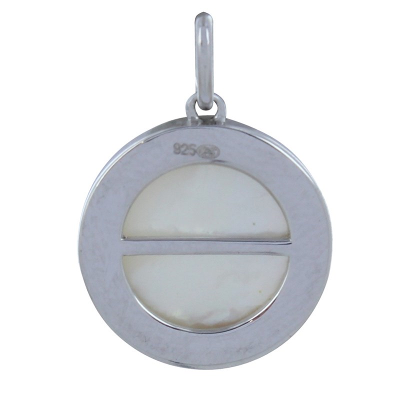 Pendentif Argent Rhodié et Nacre Médaille Ronde Croix de Saint Benoit