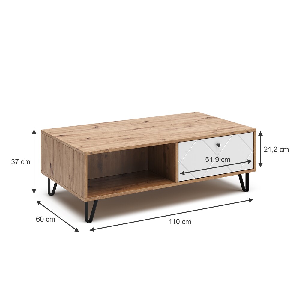 Vicco Couchtisch Nizza 110 x 37 cm, Artisan Weiß, moderner Tisch mit Ablagen