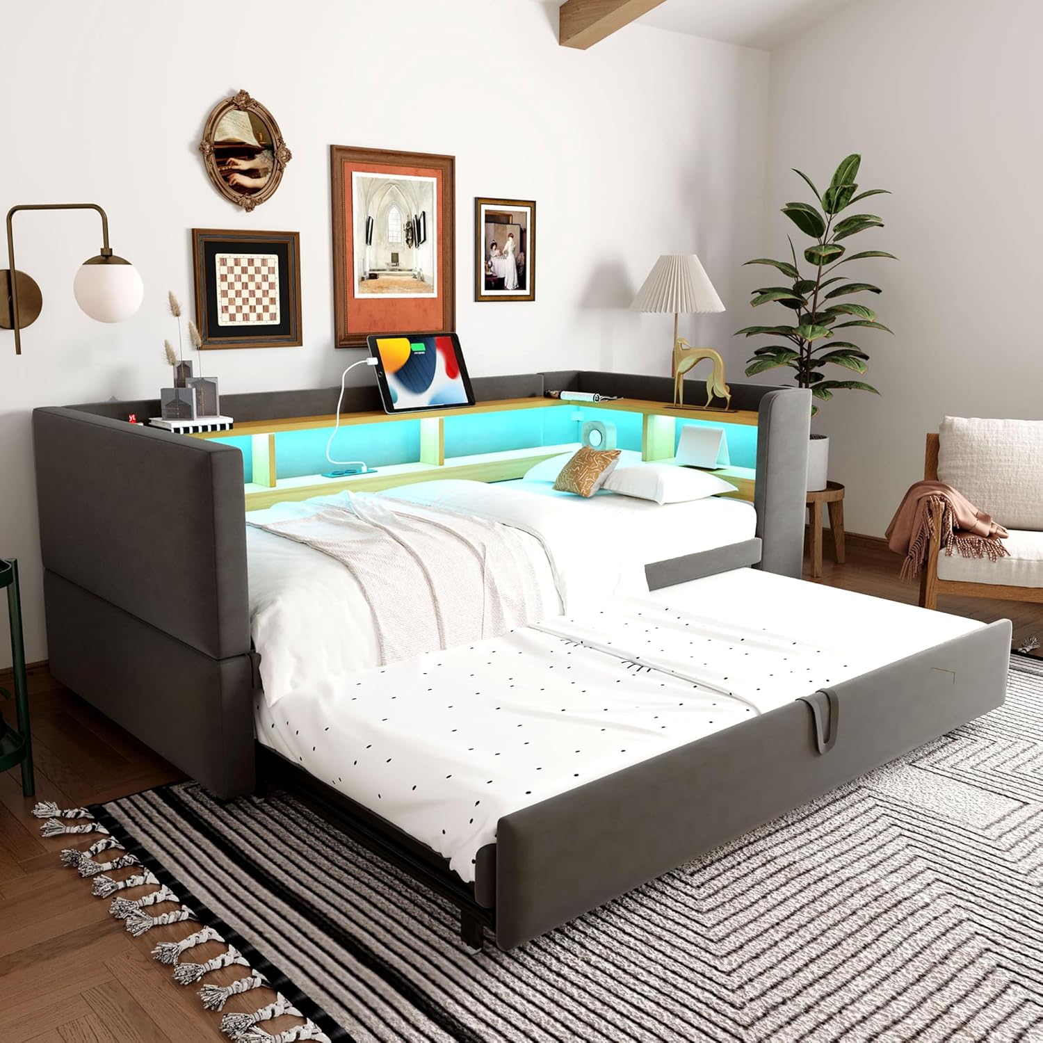 Polsterbett Ausziehbares Bett 90/180x190, Schlafsofa Bett mit LED-Beleuchtung, Ablagefächern & Ladestation,Tagesbett Funktionsbett Bettsofa Gästebett Jugendbett, Flannelette,Ohne Matratze (Dunkelgrau)