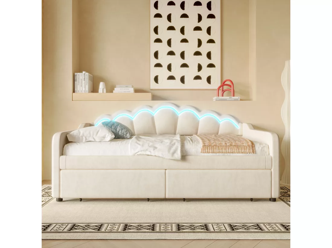 Canapé-lit 90x200 cm - avec éclairage LED - avec 2 tiroirs - velours - beige (sans matelas)