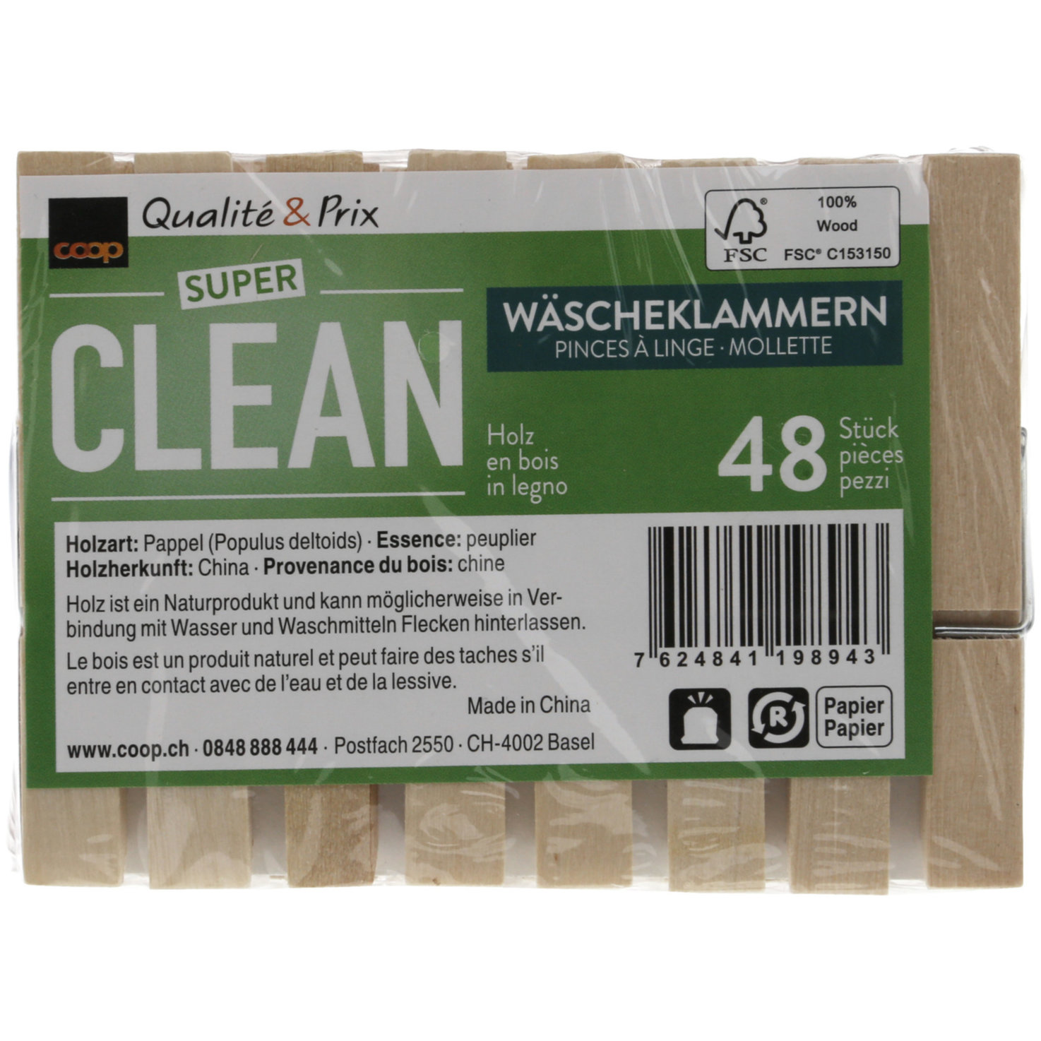 Super Clean Wäschklammern Holz, FSC, 48 Stück