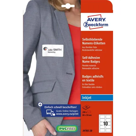 Avery Zweckform J4785-20 Namensetiketten, 80 x 50 mm, 20 Bogen/200 Etiketten, weiß