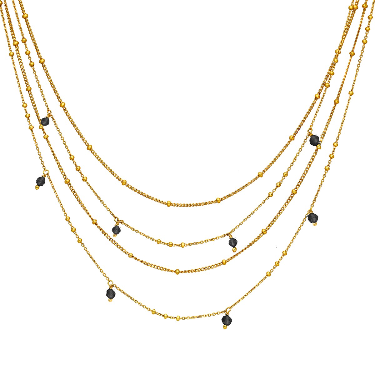 Collier Argent Dorée Multiples Chaine Et Pierres Naturelles Onyx Noir