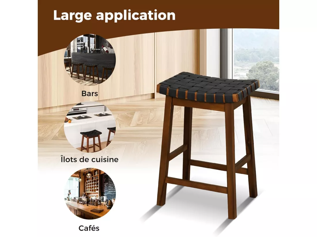 Tabouret de Bar Lot de 2 en Bois Massif, Siège Tissés de Sangles en Simili Cuir, Hauteur d’Assise 65cm, Charge Max 150kg