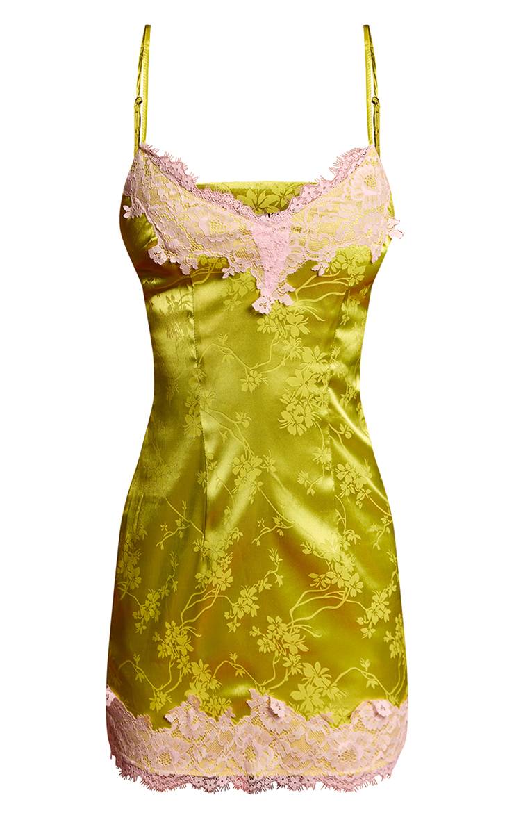 Citron Vert Robe Mini En Jacquard Satiné Avec Dentelle Contrastée
