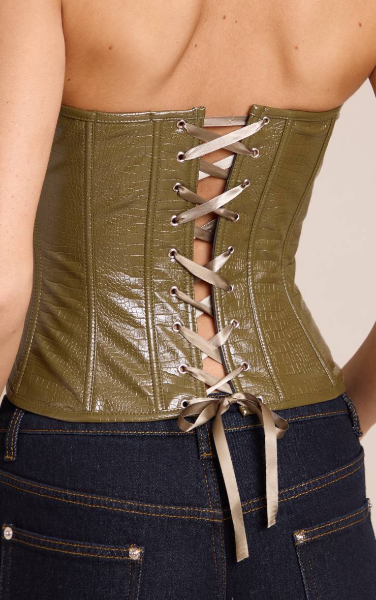 Vert Olive Corset Bandeau En Synthétiquecuir Avec Laçage Au Dos