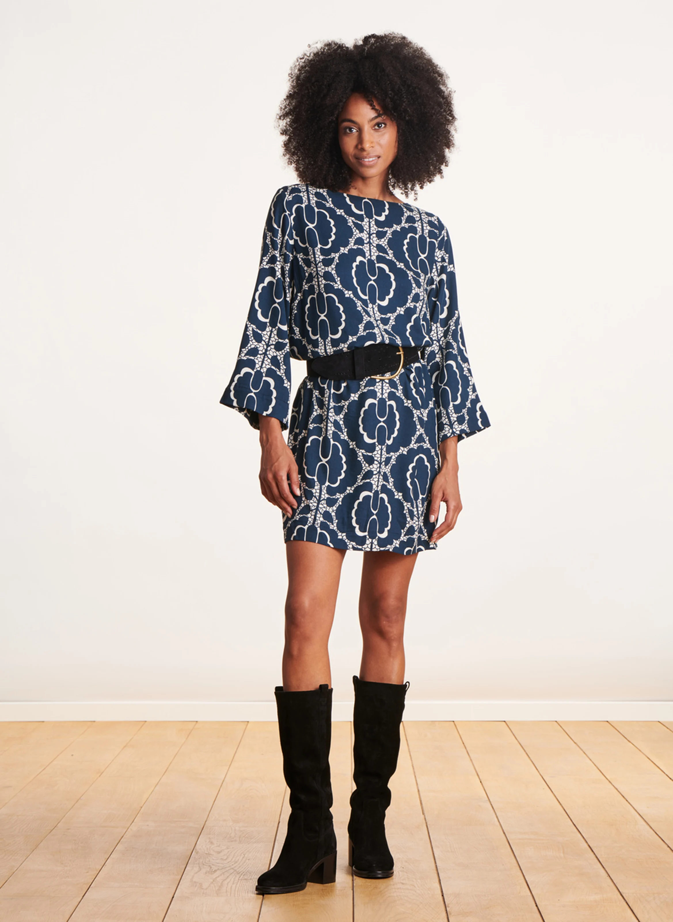Robe col bateau ample imprimé | Bleu