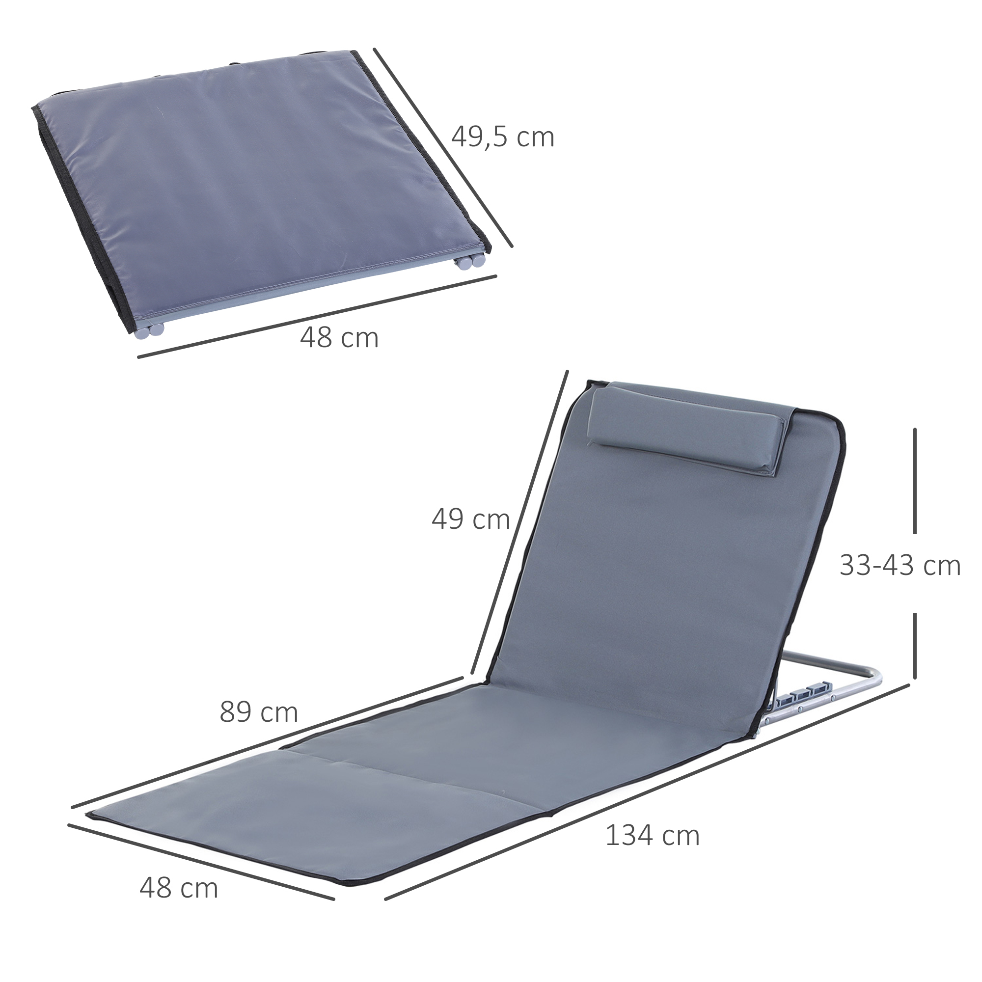 Conjunto de 2 esteiras de praia dobráveis Outsunny com encosto reclinável em 5 níveis, apoio de cabeça e bolsa de transporte, 134x48x33-43 cm, cinza