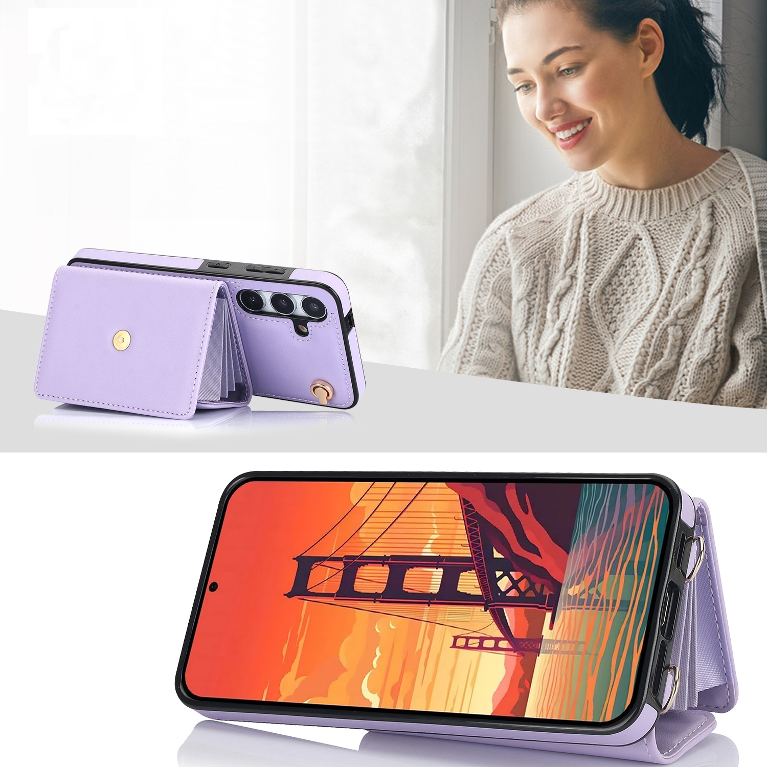 Samsung Galaxy S24  Plus Necklace Leder Schutz Hülle mit Kartenfach   Handykette (140cm) - Lila