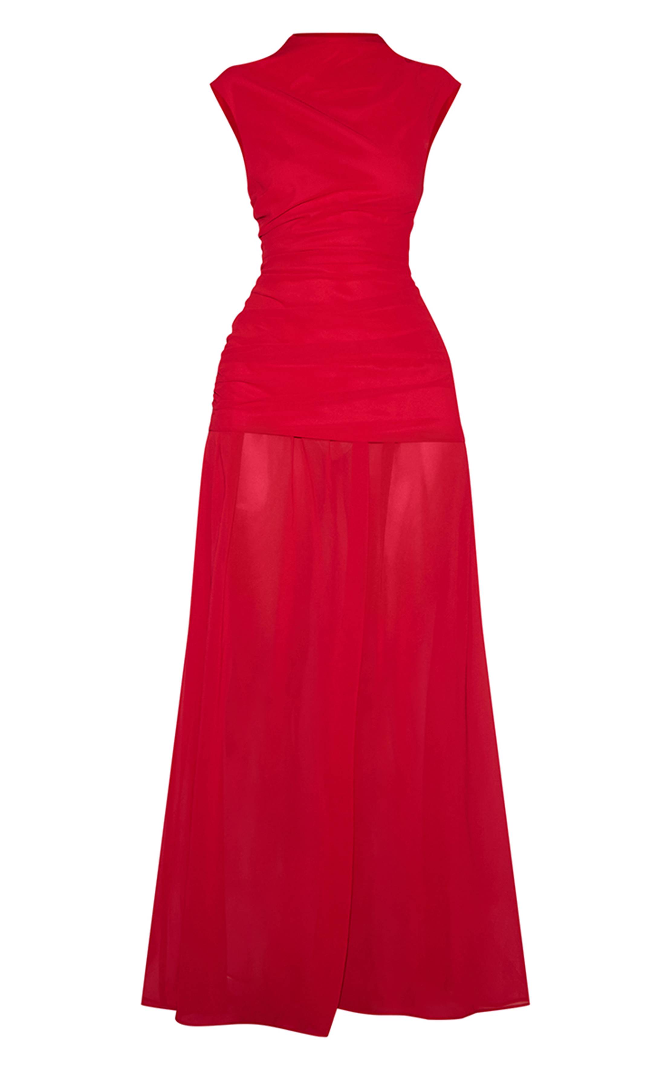 Rouge Robe Longue Sans Manches En Mousseline Froncée À Taille Basse
