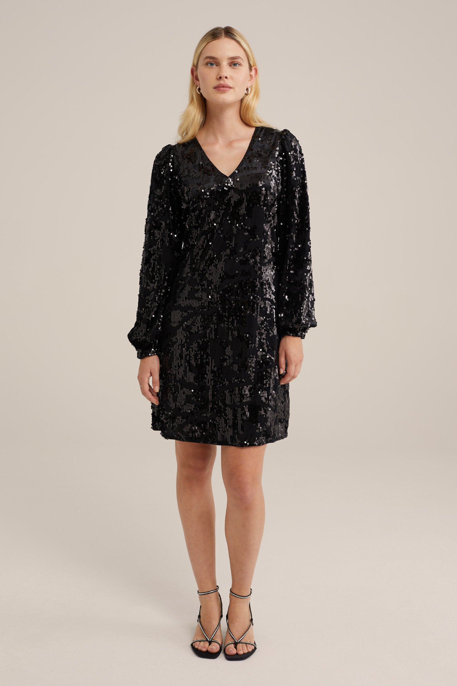 velvet jurk met pailletten WE Fashion Zwart
