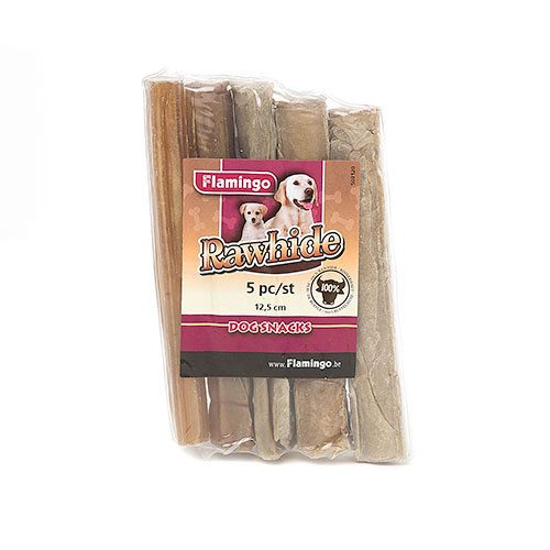 Petiscos de couro cru com sabor de flamingo para higiene bucal de cães.