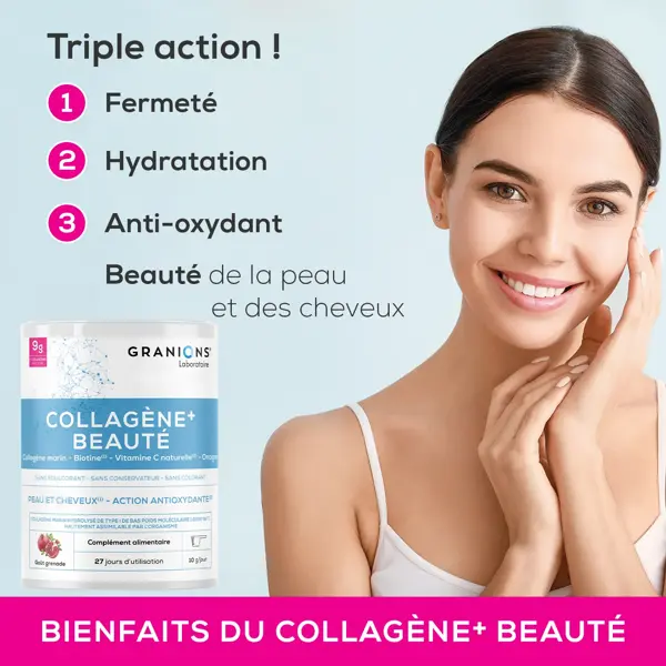 Granions Collagen Beauty+ - Pacote com 2 sachês de colágeno marinho hidrolisado tipo I em pó, sabor romã, tratamento de 2 meses.