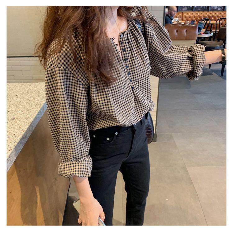 HYAKU - Blouse met lange mouwen, kraag en ruitmotief