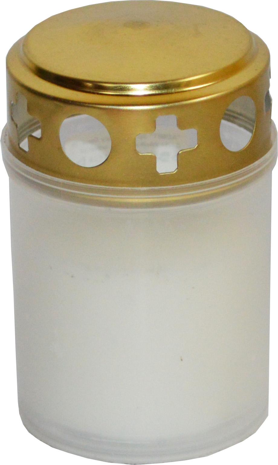 BOUGIE FUNERAIRE PLASTIQUE COUVERCLE METAL OR H.9CM BLANC