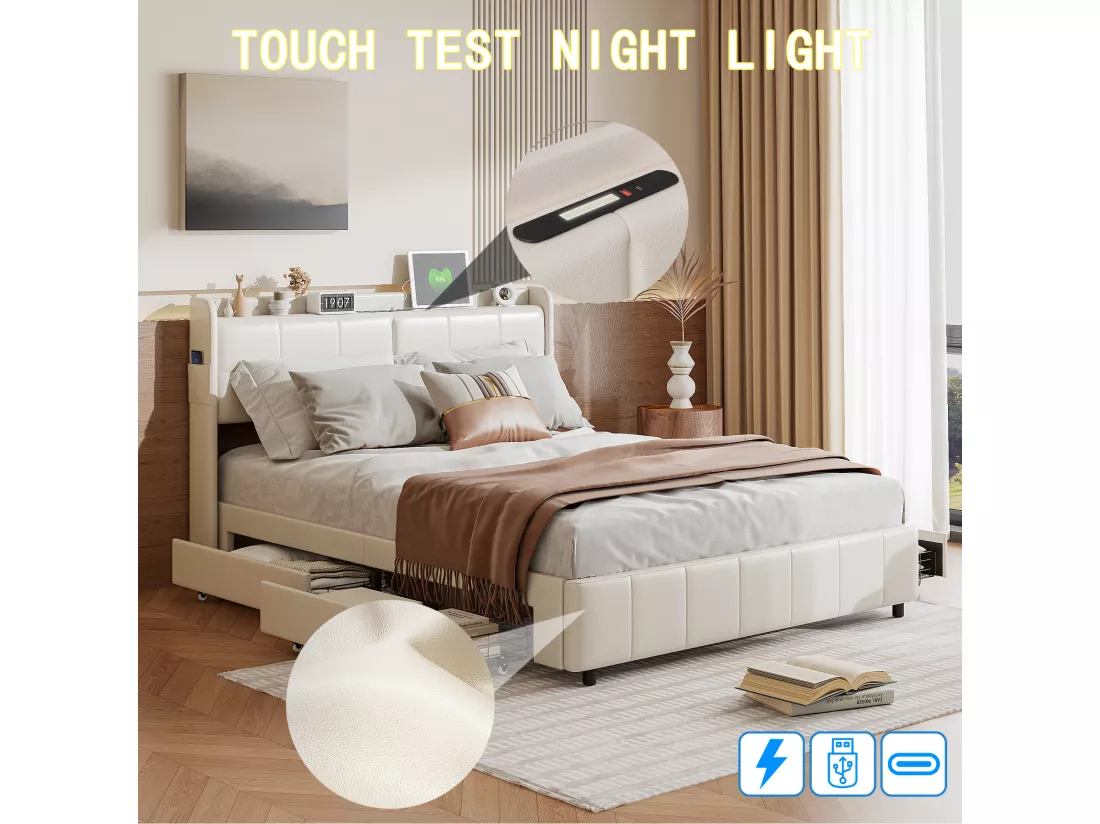 Lit double 140 x 200 avec 4 tiroir, avec chargement USB,PU,Beige