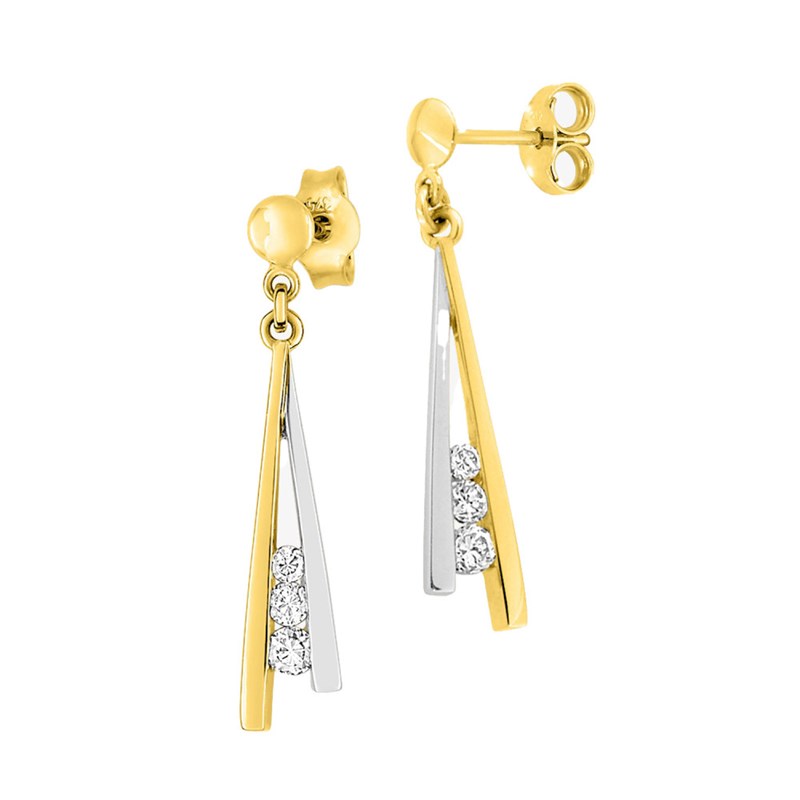 Boucles d'oreilles femme pendantes - bicolores - oxyde de zirconium - Or 18 Carats