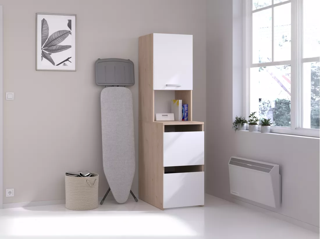 Rangement de salle de bain avec placards et étagères - Naturel clair et blanc - L47 x H184 cm - ERKANO