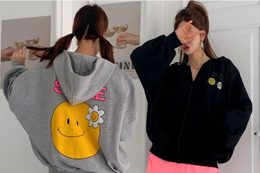 Chubby Girl - Losvallend jack met capuchon en rits en smileygezichtprint