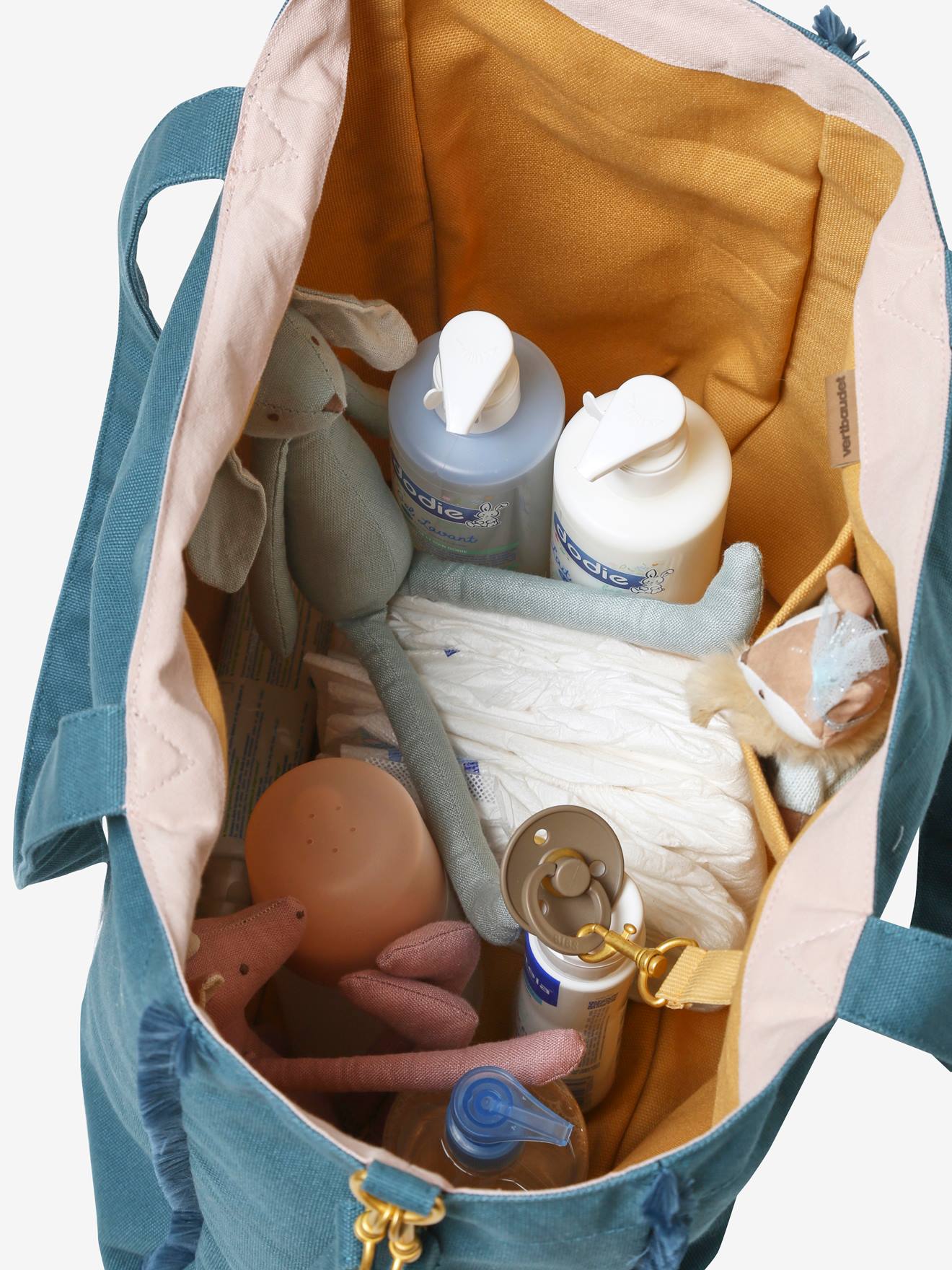 Bolsa de maternidade básica, lisa, azul-escura com estampas.