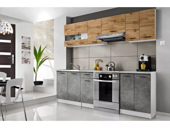Cuisine Bigo 7 éléments - finition bas BETON haut BOIS 240 cm