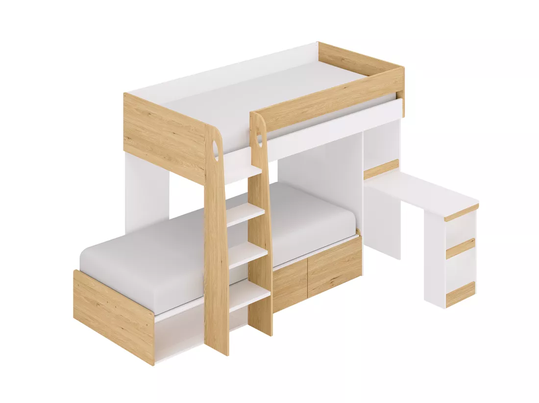 Lits superposés 2 x 90 x 190 cm avec bureau et rangements - Coloris : Naturel et blanc - LOMIDEN