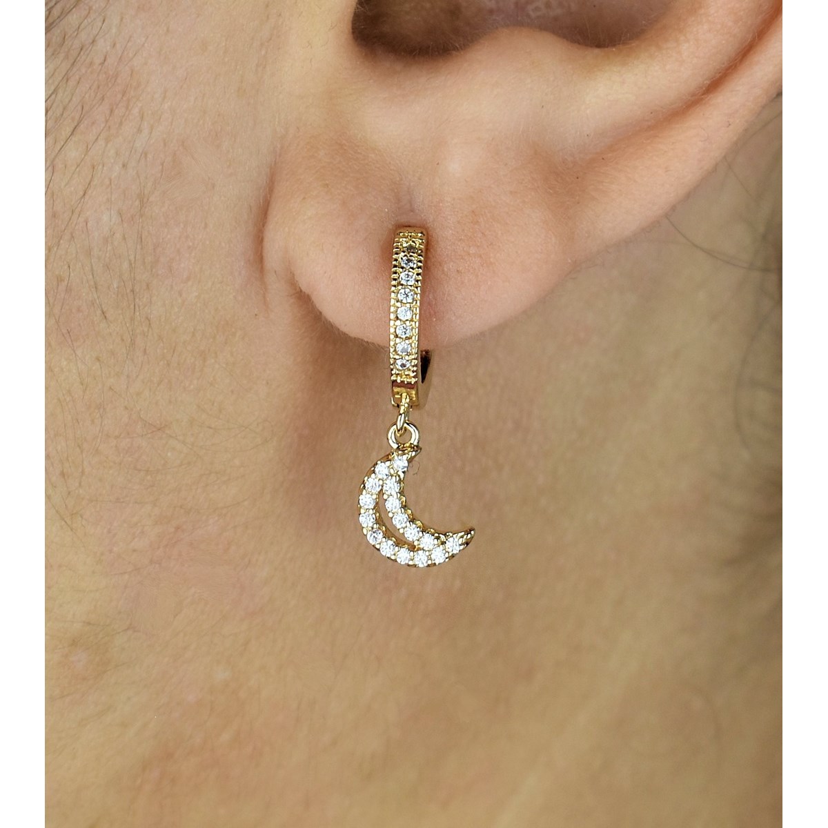 Boucles d'oreilles Mini Créoles lune oxyde de zirconium pendante Plaqué or 750 3 microns