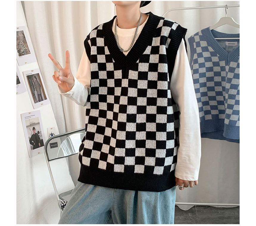 Whyessa - V-hals geruit oversized gebreid vest