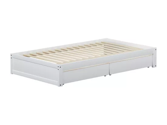 Lit enfant en bois massif 90x200 avec 2 tiroirs et sommier à lattes en bois moderne avec base blanche