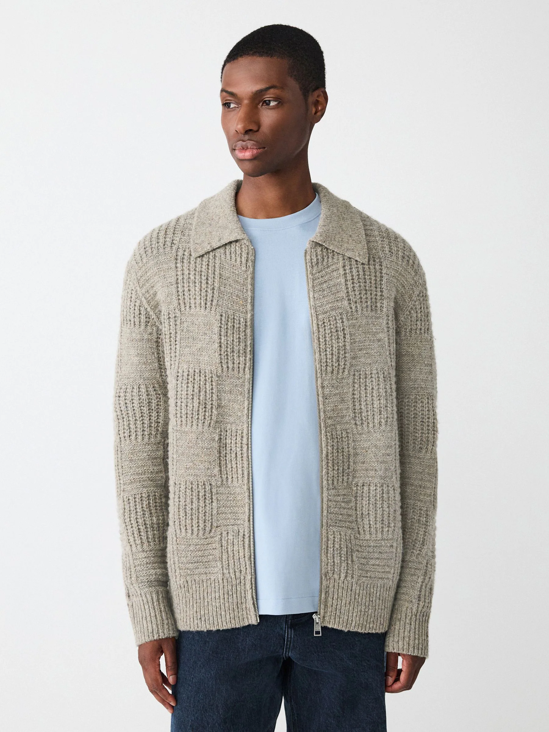 Neutraal - Relaxed Fit Checkerboard Textured Knit Zip Through Collared Cardigan with Wool