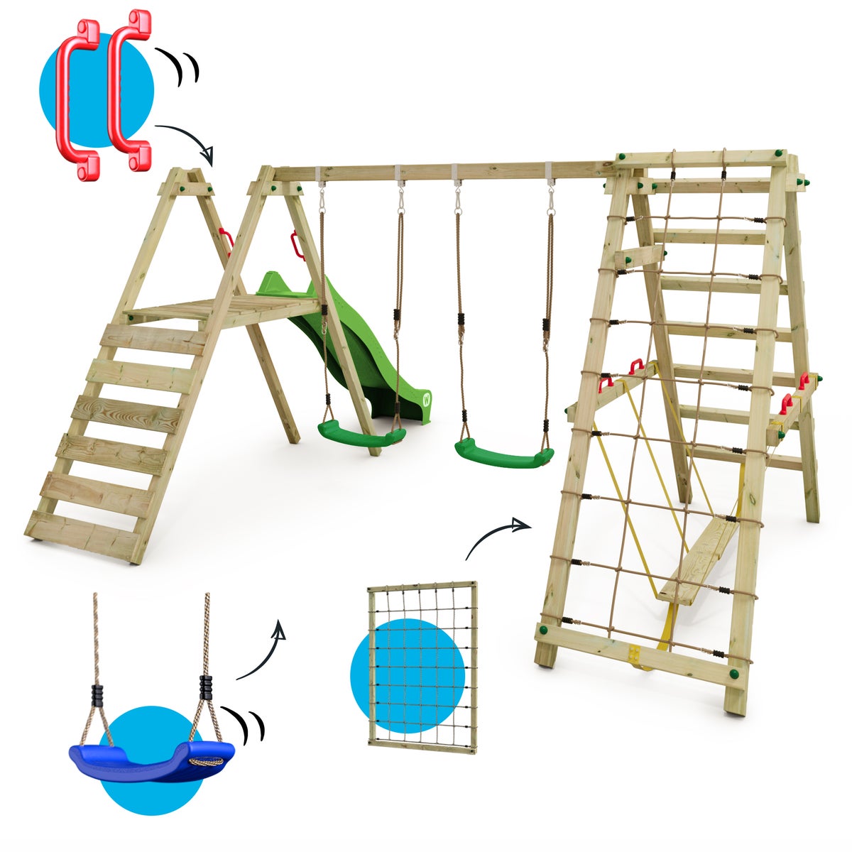 WICKEY Kinderschommelset Smart Shake met glijbaan en klimrek, schommel, schommelframe, dubbele schommel, houten schommel - Groen