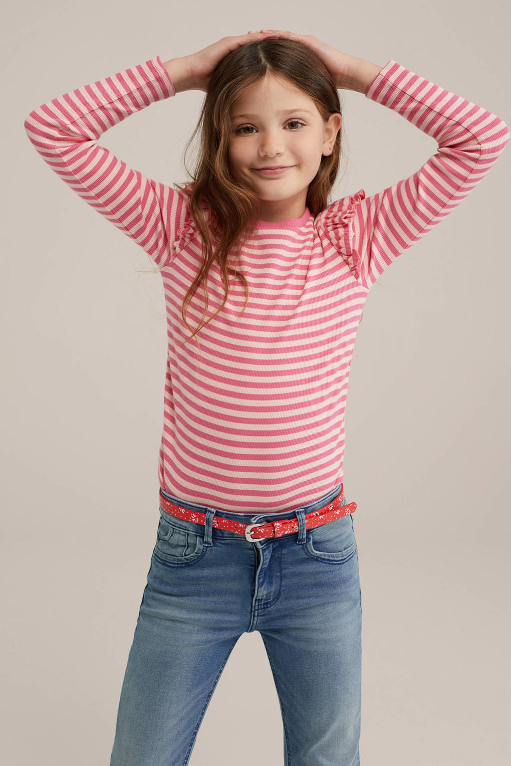 WE Fashion gestreepte longsleeve roze/wit