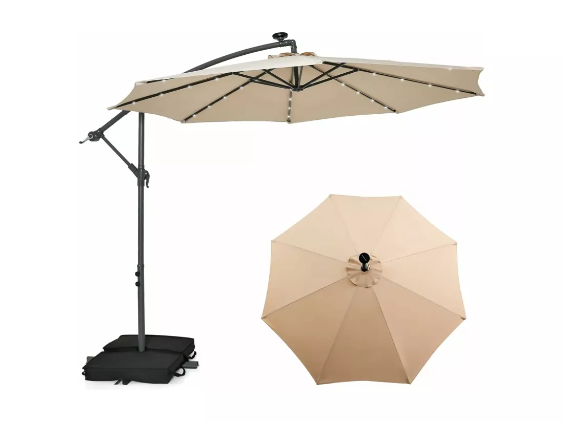 Parasol Déporté 3x3M, Grand Parasol de Jardin Extérieur Lumineux LED Solaire avec 2 Sacs de Sable, Base Croisée, Parasol Inclinable avec Manivelle, pour Balcon, Jardin, Terrasse Plage (Beige)