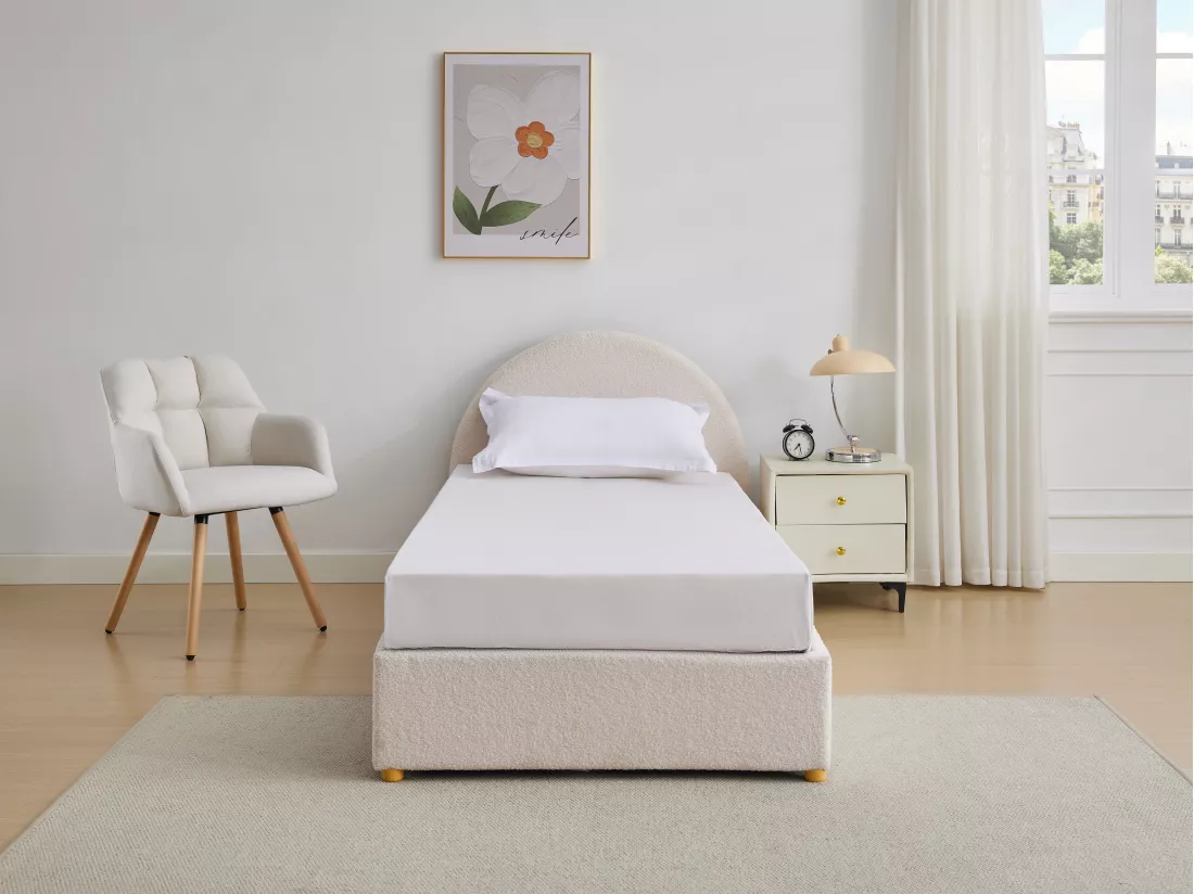 Lit coffre 90 x 190 cm - Tissu bouclette - Crème + Matelas - LIRIMO