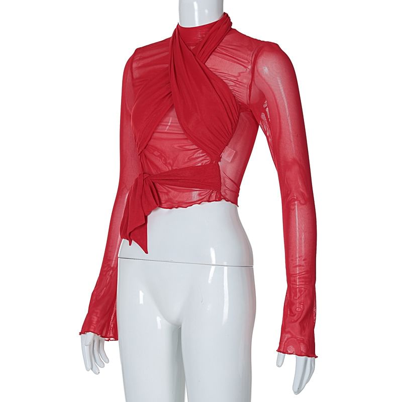 nefky - Lange mouwen mockneck effen wikkel doorschijnend cropped T-shirt