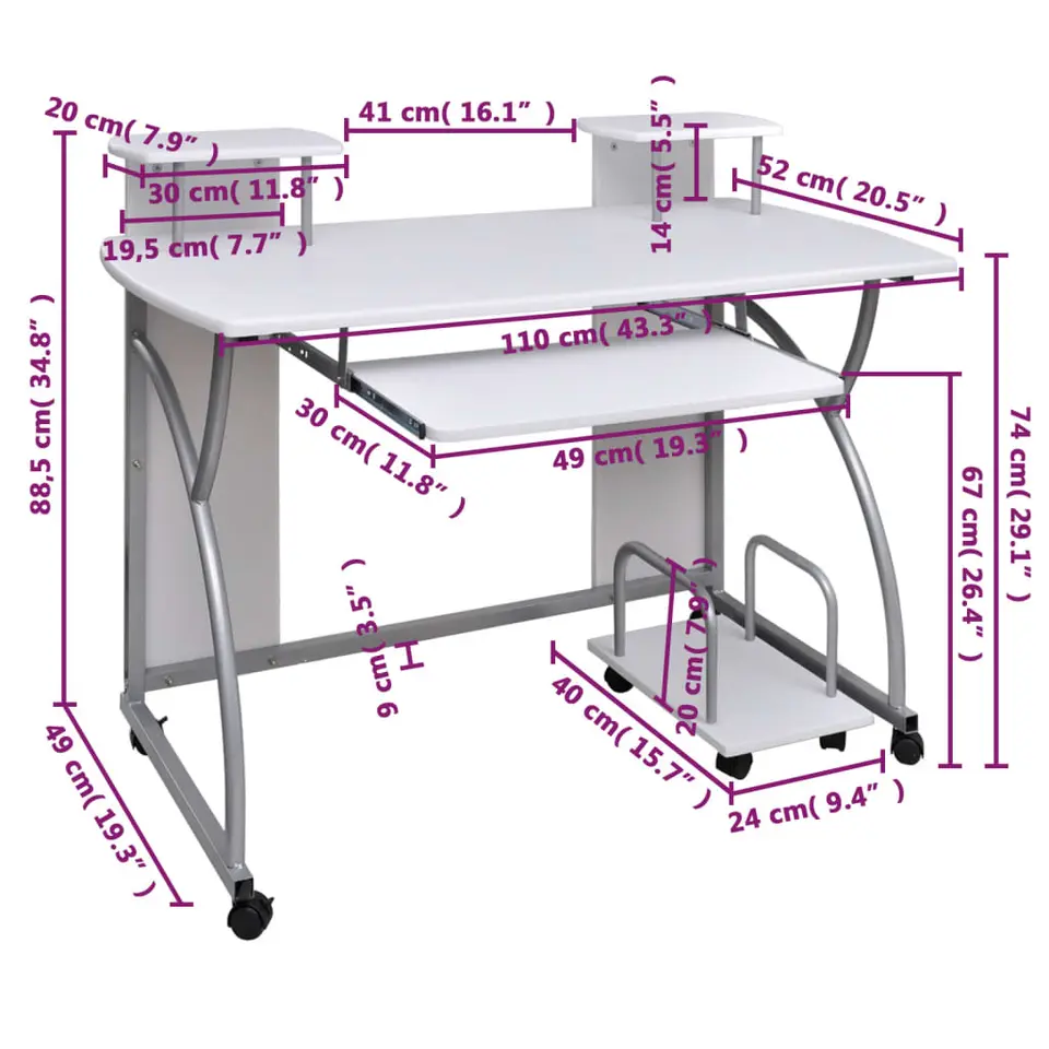 vidaXL - Computerbureau - Wit - Bewerkt hout - 110 x 52 x 88.5 cm