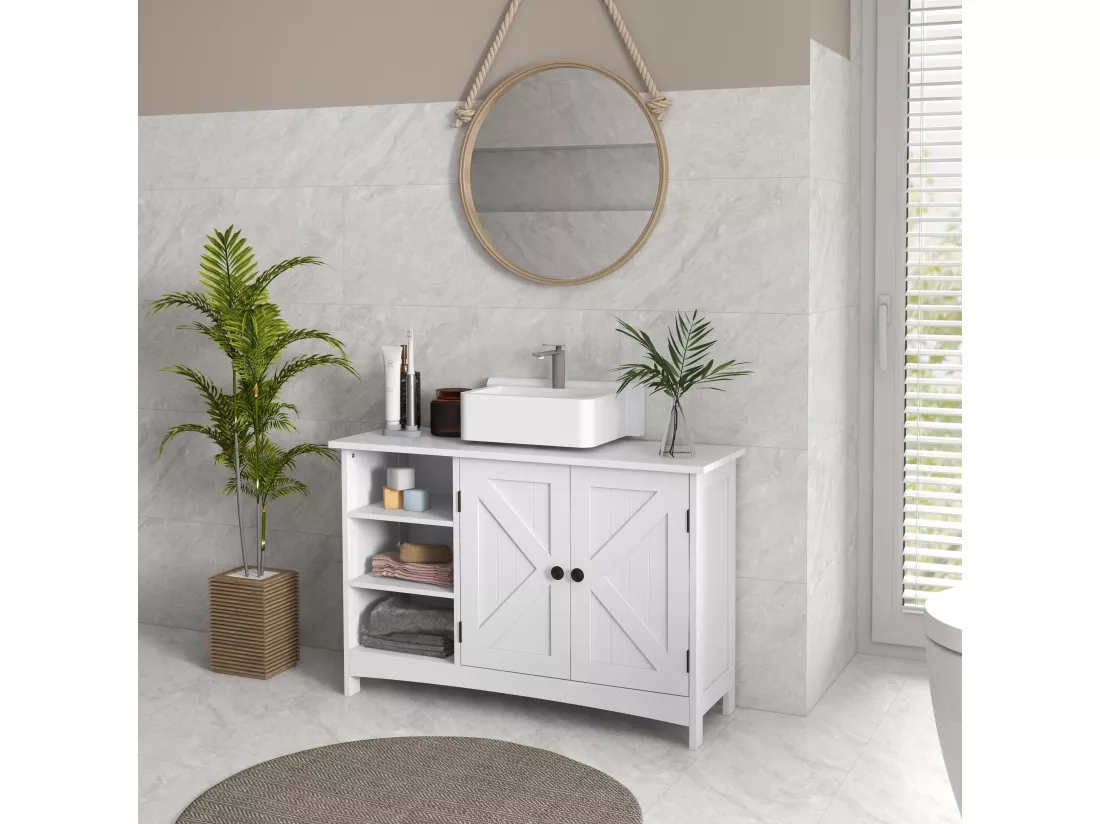 Meuble vasque - meuble sous-vasque - 2 portes croisillon, étagère, 3 niches - poignées boutons métal noir - dim. 90L x 30l x 60H cm - MDF blanc